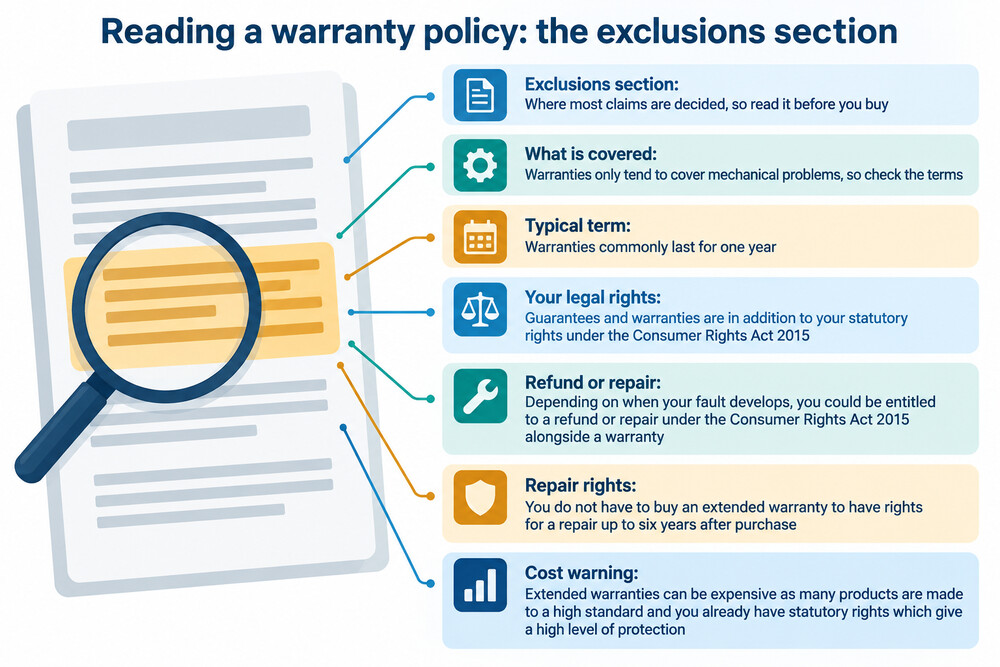 A page from a warranty policy document with the exclusions section highlighted