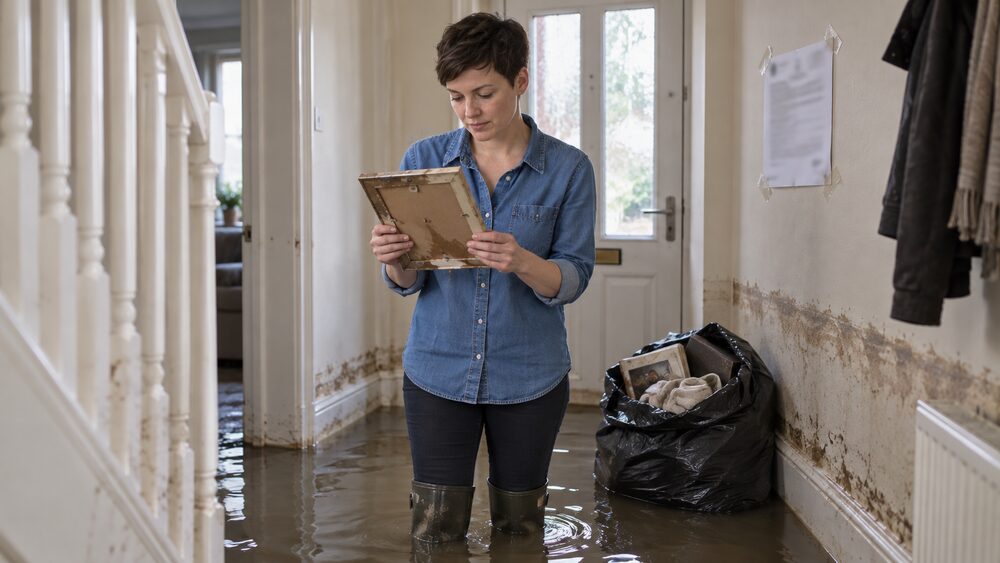 A woman in wellington boots holds a water-stained photo frame in a flooded hallway beside a bin bag.