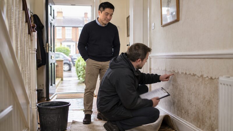 A loss adjuster crouches examining a flood water line on a hallway wall while a resident watches.