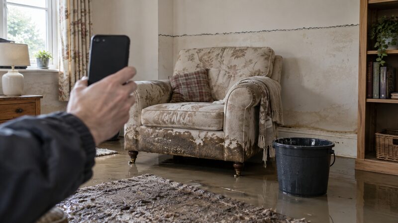 A hand holds a phone photographing a water-stained armchair and a marked water line on a wall.