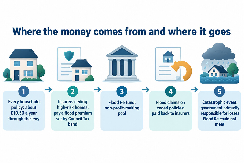 The flow of money from every home insurance policy into the Flood Re fund and out to flood claims