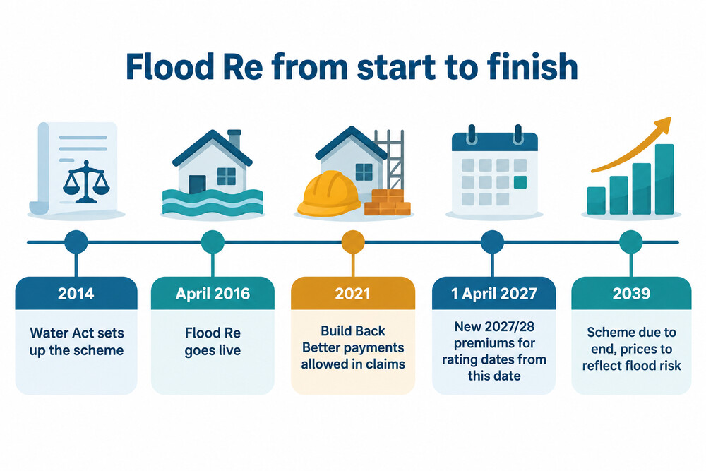 Timeline of the Flood Re scheme from the Water Act to its planned end
