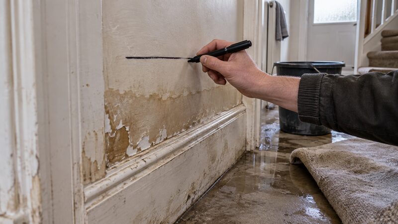 A hand draws a horizontal line with a marker above a water-stained skirting board in a flooded home.