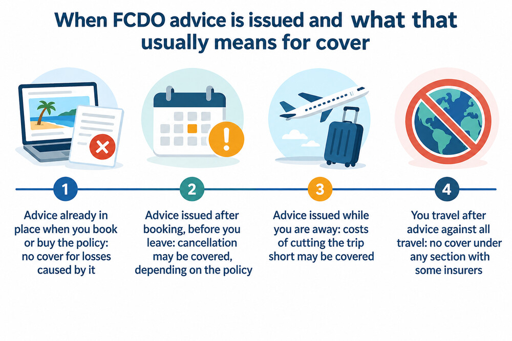 What happens when FCDO advice changes at different points in a trip