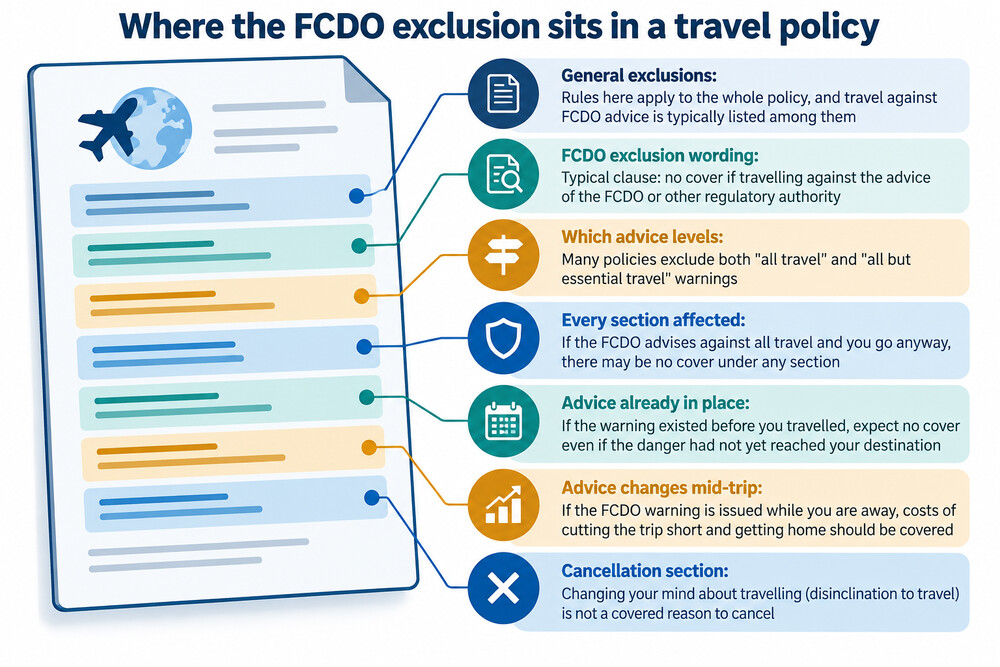 A travel insurance policy document open at the exclusions page, with a highlighted clause about FCDO travel advice