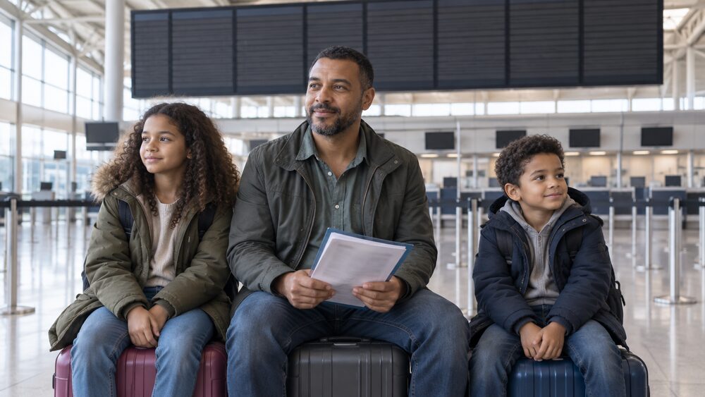 A man and two children sit on suitcases in an airport terminal, one holding a folder of documents.