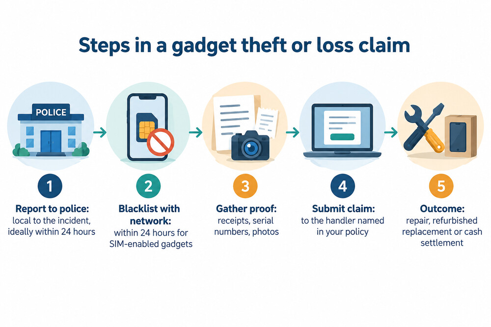 How a gadget theft or loss claim usually proceeds, from reporting to the outcome