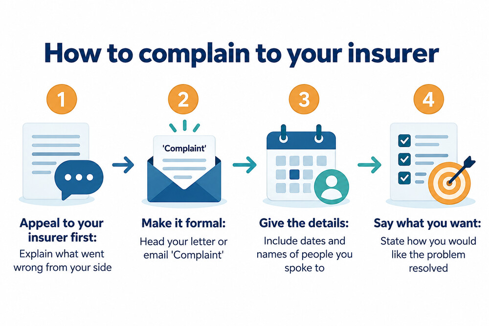 A flow of a refused gadget claim, from insurer rejection to the Financial Ombudsman Service