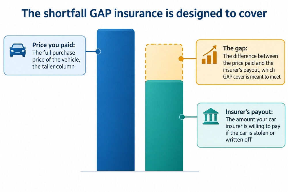 A diagram showing a car's purchase price at the top, the insurer's lower market value payout below it, and the shortfall between the two highlighted as the amount GAP insurance pays
