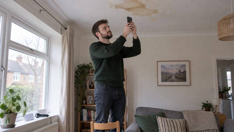A phone photographing a damp patch on a ceiling with a dated note beside it