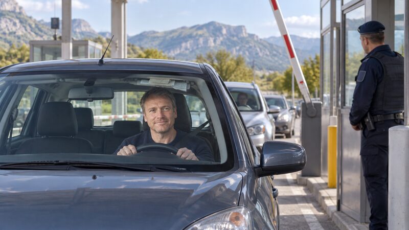 A driver sits in a UK-plated hatchback queuing at a European border checkpoint as the barrier lifts.