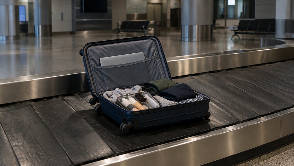 An open hard-shell suitcase on a baggage reclaim belt showing a padded laptop sleeve in the lid.