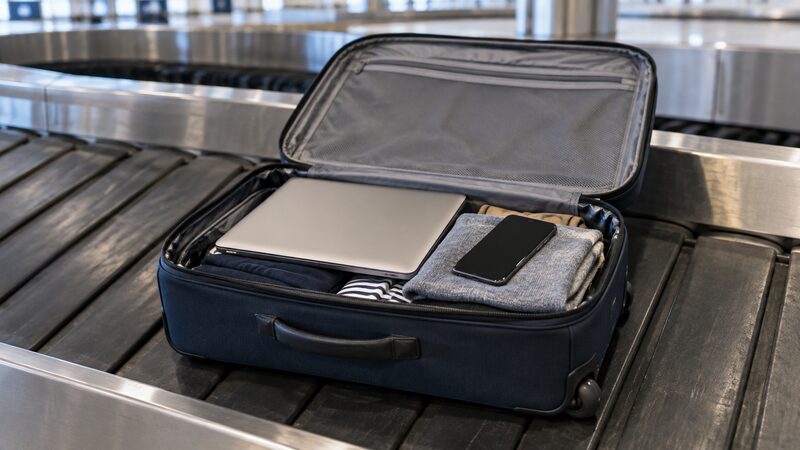 A suitcase on an airport baggage belt with a laptop and phone visible inside