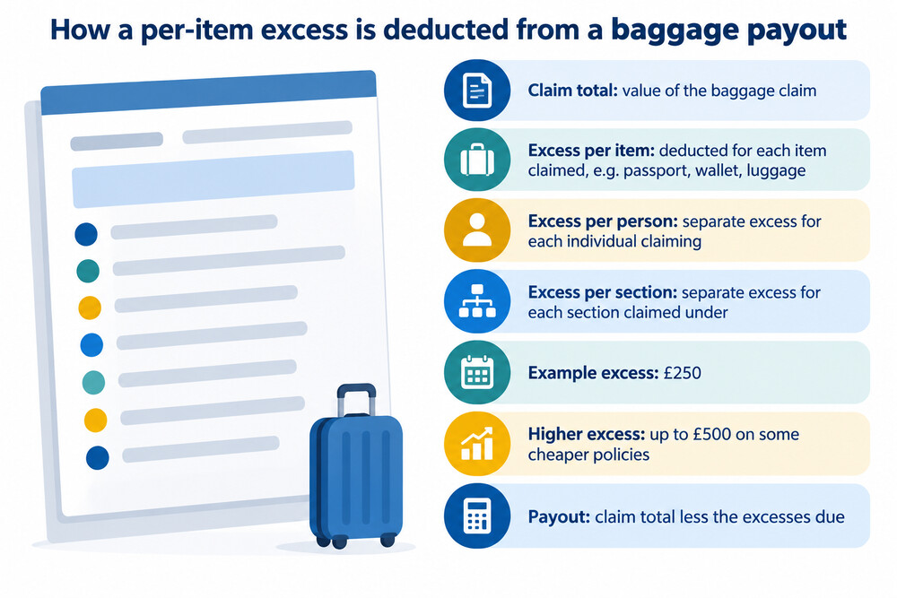 A claim form showing a per-item excess deducted from a baggage payout