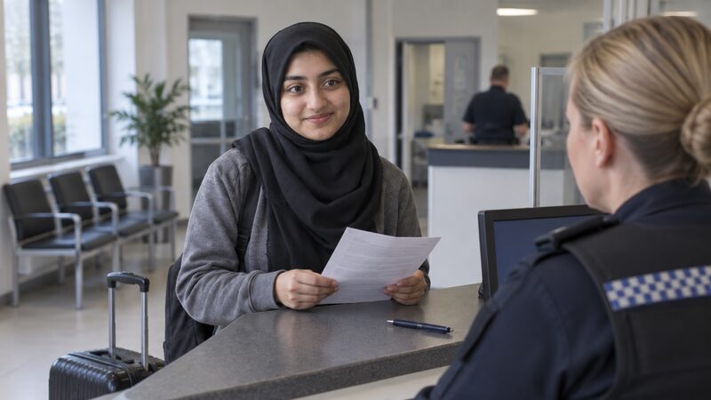 A young woman stands at a police station counter abroad holding a report form beside her suitcase.