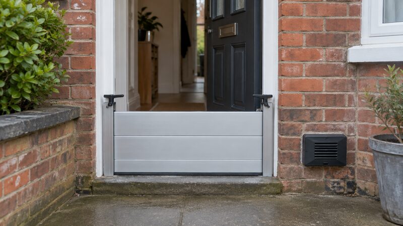 A flood barrier is fitted across a front door threshold with an air brick cover beside it.
