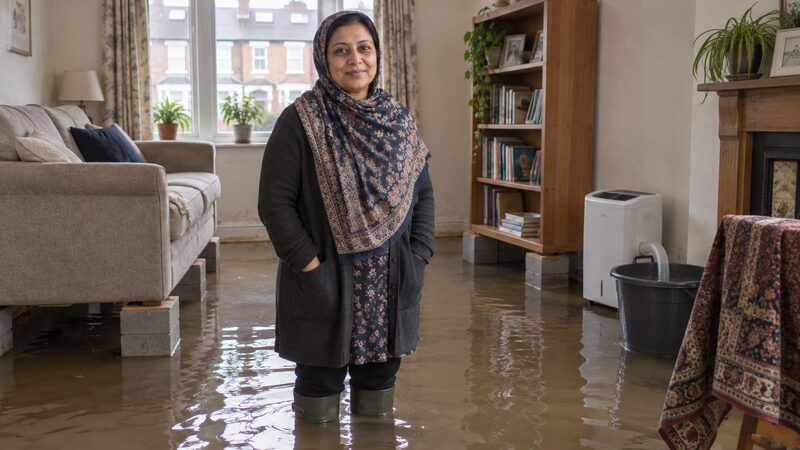 A woman stands in a flooded living room where furniture is raised on blocks and a dehumidifier runs.