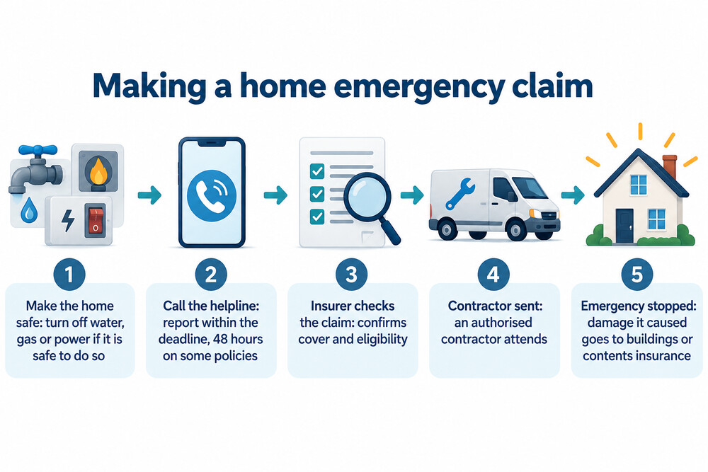 Flow diagram of the steps in a home emergency claim, from spotting the problem to the contractor's visit