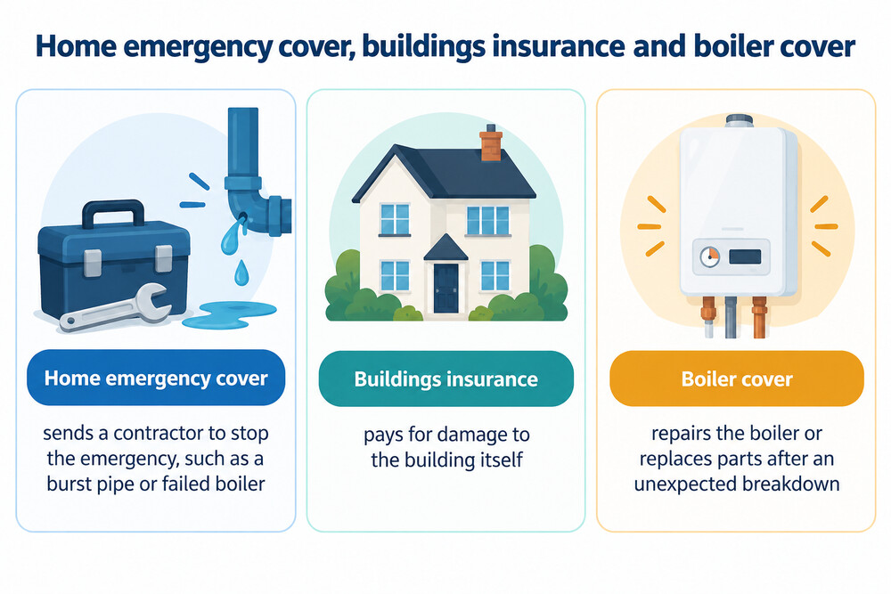 Diagram comparing home emergency cover, buildings insurance and boiler cover, and which problems each one handles