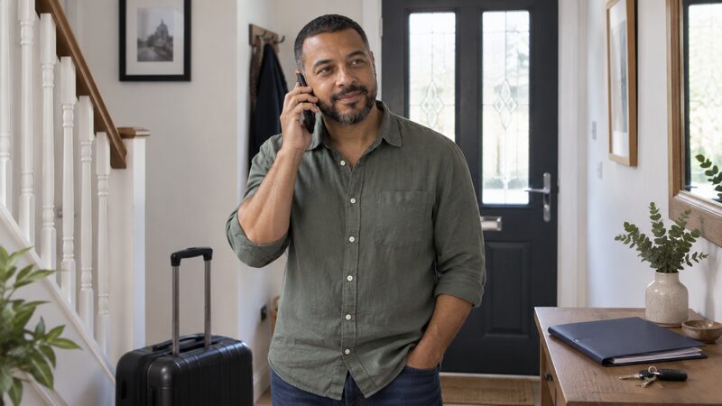 A man stands in his hallway beside a packed suitcase holding a phone to his ear, a folder on the table.