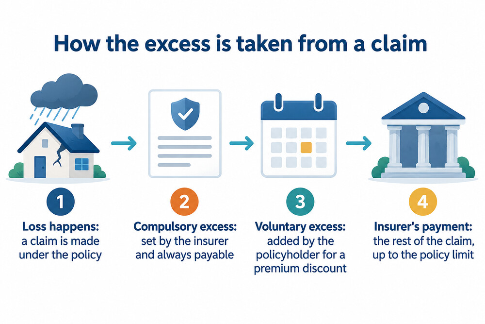 Diagram comparing how a compulsory and a voluntary excess combine on a claim