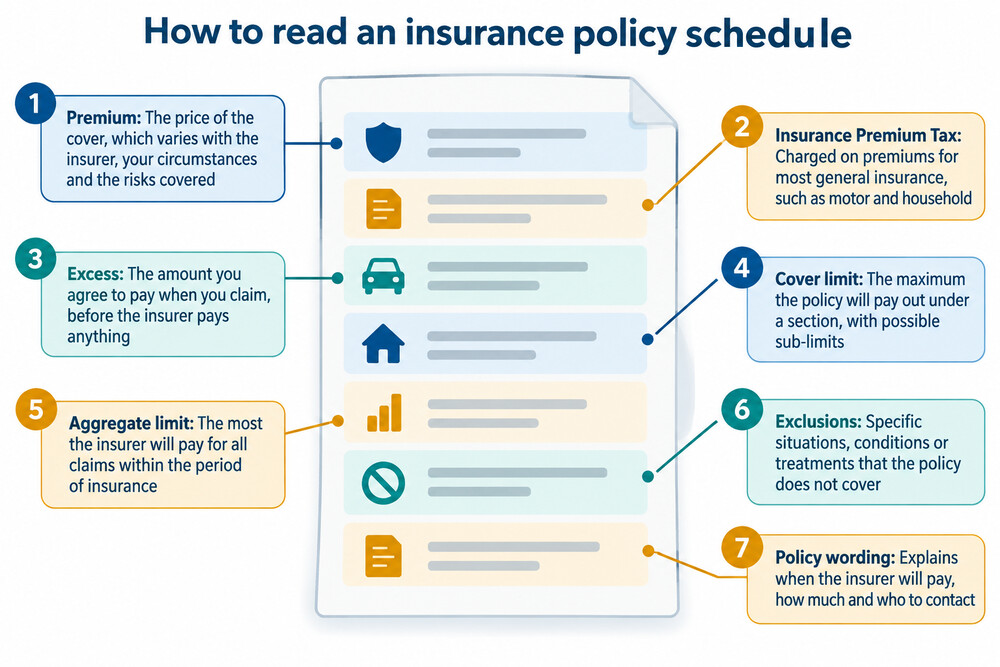 An example insurance policy schedule showing the cover sections, sums insured and excess amounts