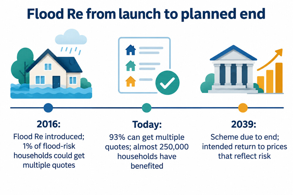 A timeline from Flood Re's launch in 2016 to its planned end in 2039