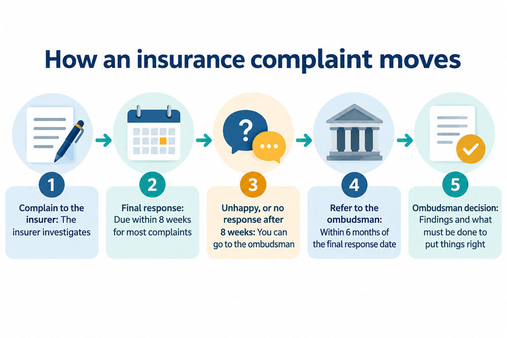 A flow from making a complaint to the insurer through to the ombudsman's decision