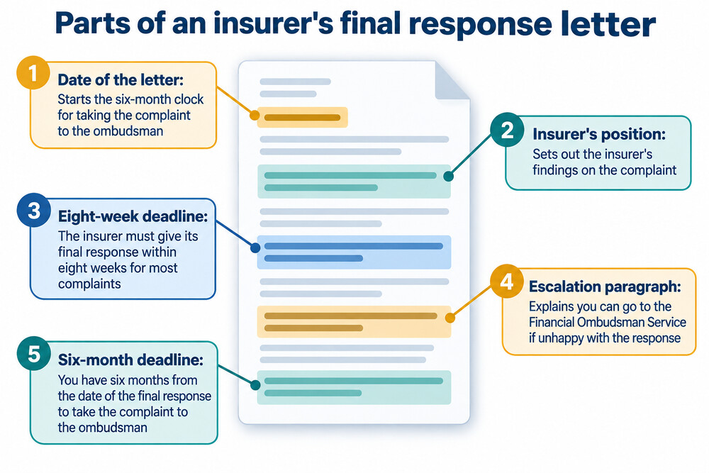 A final response letter from an insurer, showing the date and the paragraph about taking the complaint to the Financial Ombudsman Service