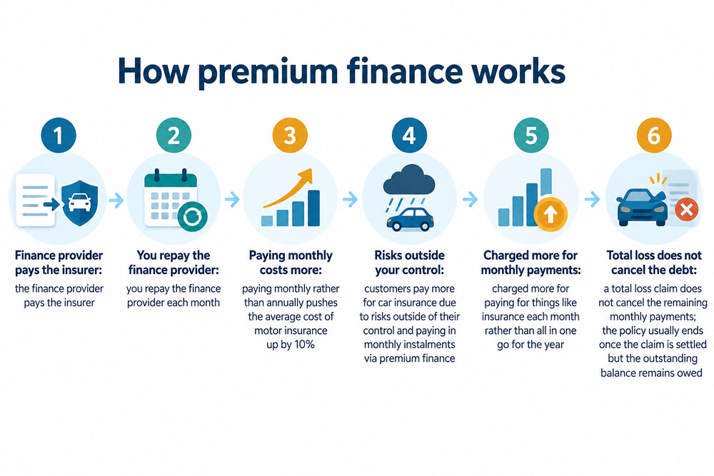 A diagram showing how premium finance works, with the finance provider paying the insurer and the customer repaying the finance provider