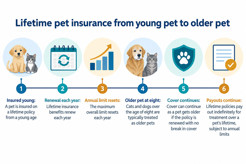 A simple timeline showing a pet insured on a lifetime policy from a young age through to older age, with the cover continuing at each renewal
