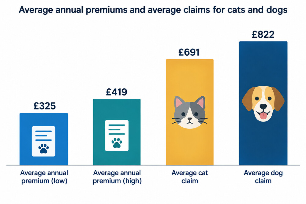 A bar chart comparing the average annual premium range with the average claim amounts for cats and dogs