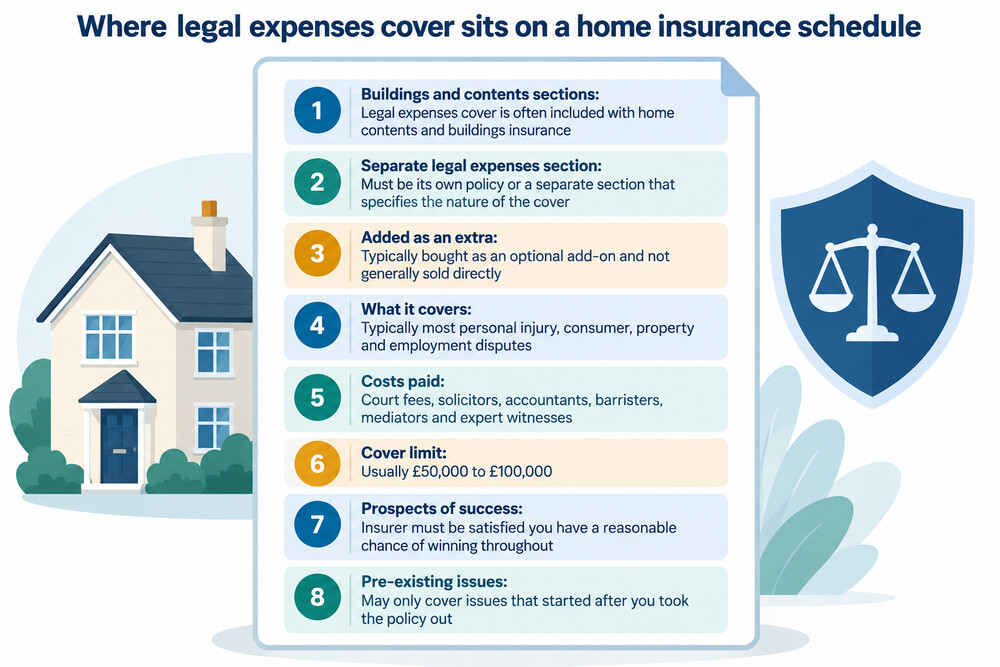 A home insurance policy schedule open at the legal expenses section, with cover limits and exclusions highlighted