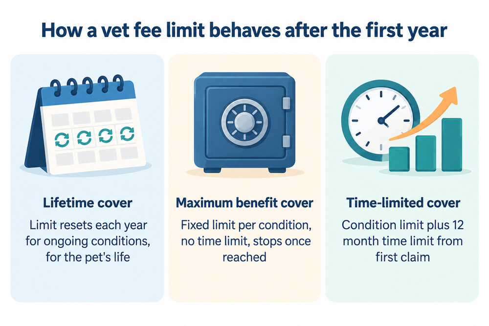 A side-by-side comparison of the three types of pet insurance, showing how the vet fee limit behaves for a single long-term condition under each one