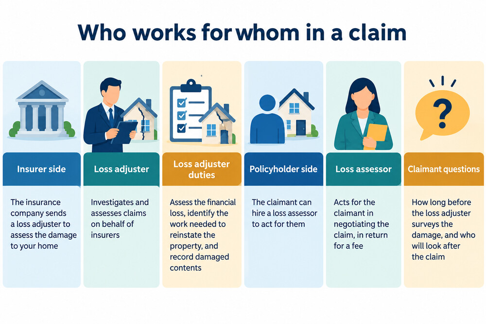 A simple diagram showing the insurer on one side with its loss adjuster, and the policyholder on the other with a loss assessor they have hired