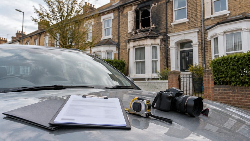 A clipboard, tape measure and camera lie on a car bonnet outside a house with a fire-blackened window.