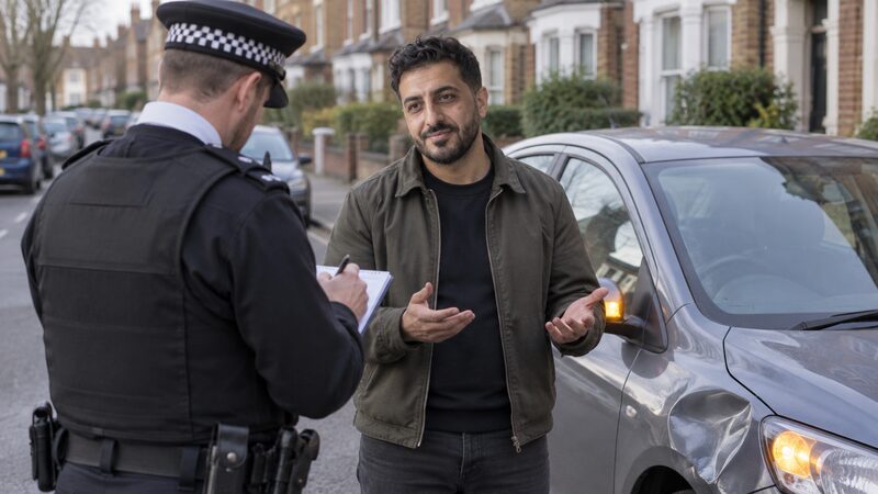 A driver stands beside his hatchback with hazard lights on as an officer takes notes at the roadside.