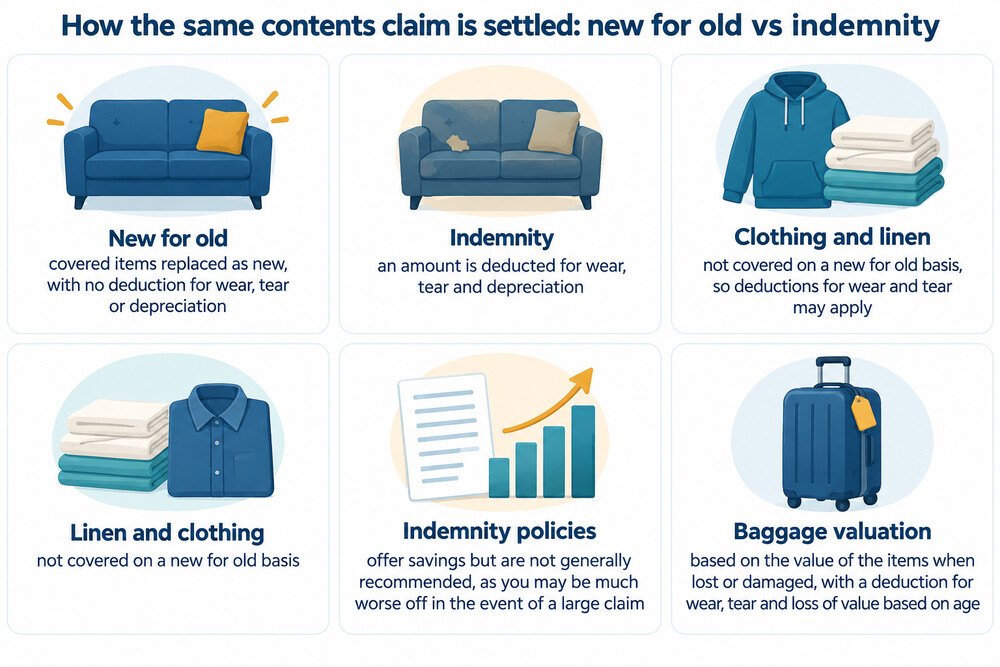 A side-by-side comparison of how a new for old policy and an indemnity policy settle the same claim
