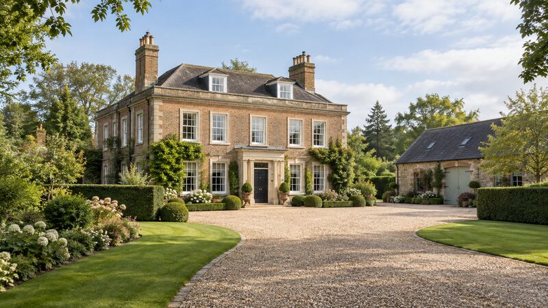 A large period country house with a gravel drive, outbuilding and mature gardens in daylight.