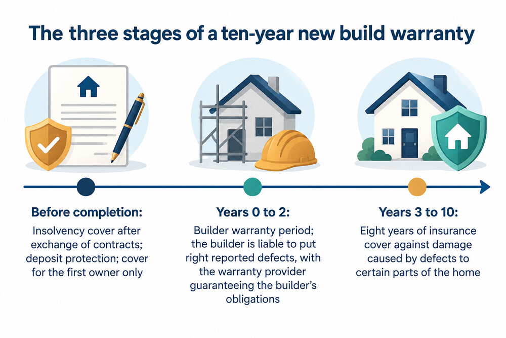 A timeline showing the three stages of a ten-year new build warranty, from before completion to year ten