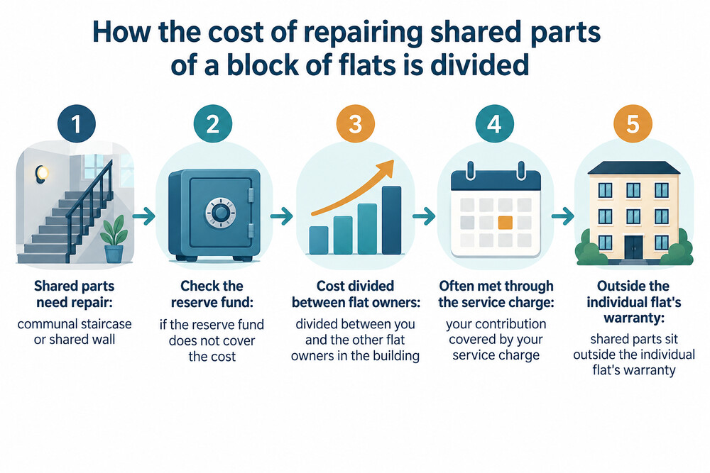 A diagram showing how the cost of repairing shared parts of a block is divided between flat owners