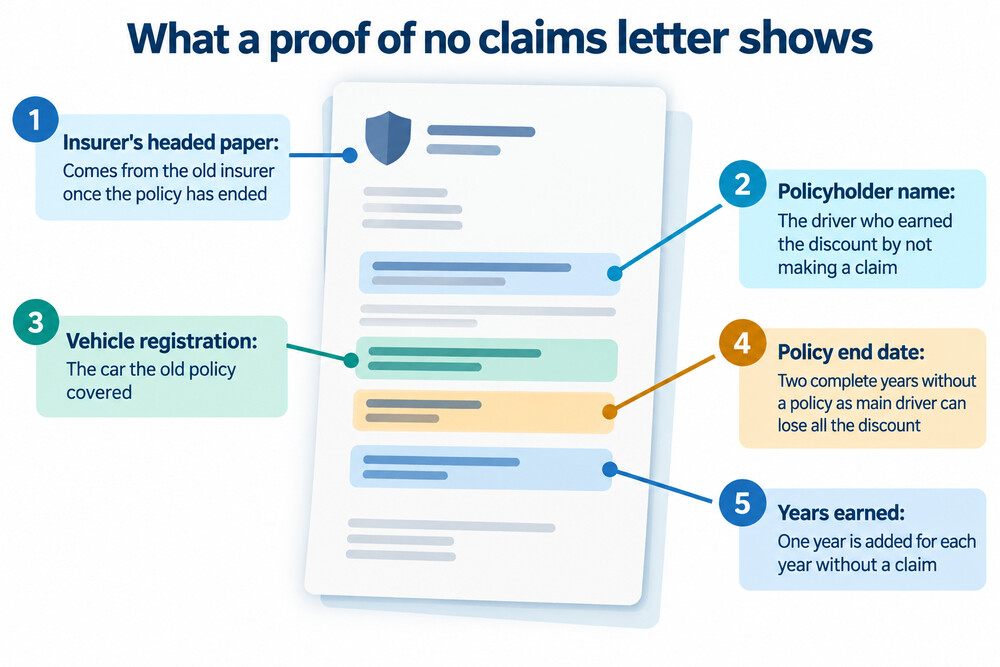 An example of a proof of no claims letter showing the policyholder's name, vehicle and years earned