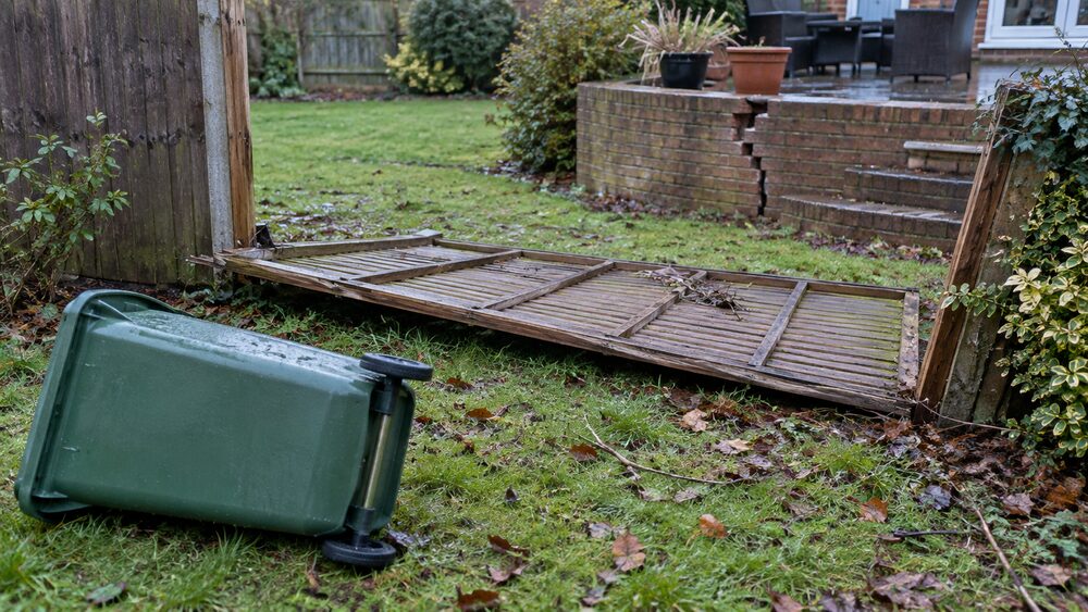 A fallen fence panel and an overturned wheelie bin in a wet back garden after a storm.