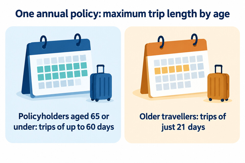 How the maximum trip length on one annual policy changes with age