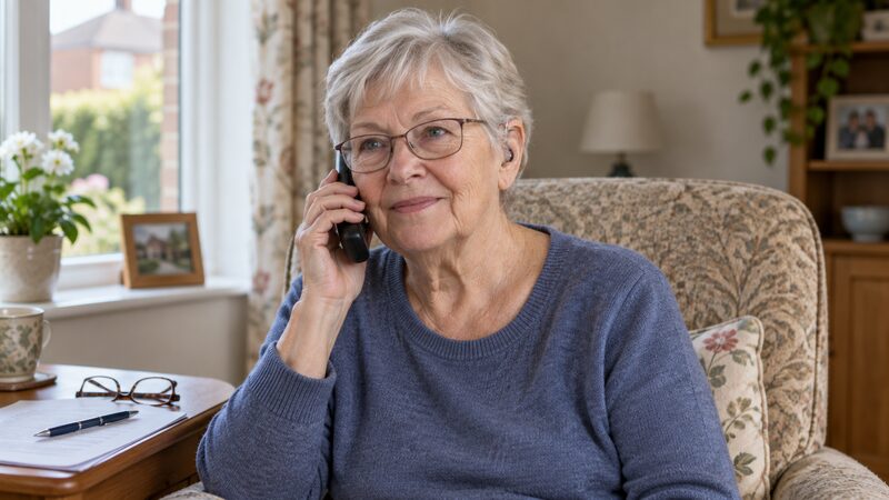 An older woman sits by a window on a phone call with a form and pen on the table beside her.