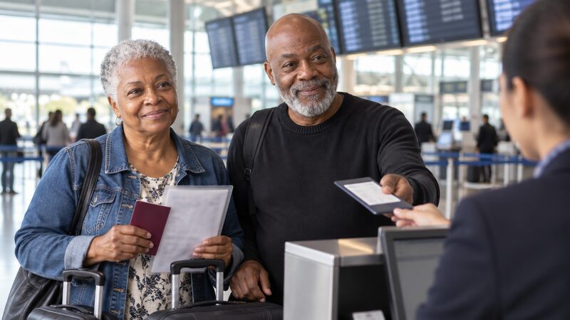 An older couple stand at an airport check-in desk with suitcases and travel documents.
