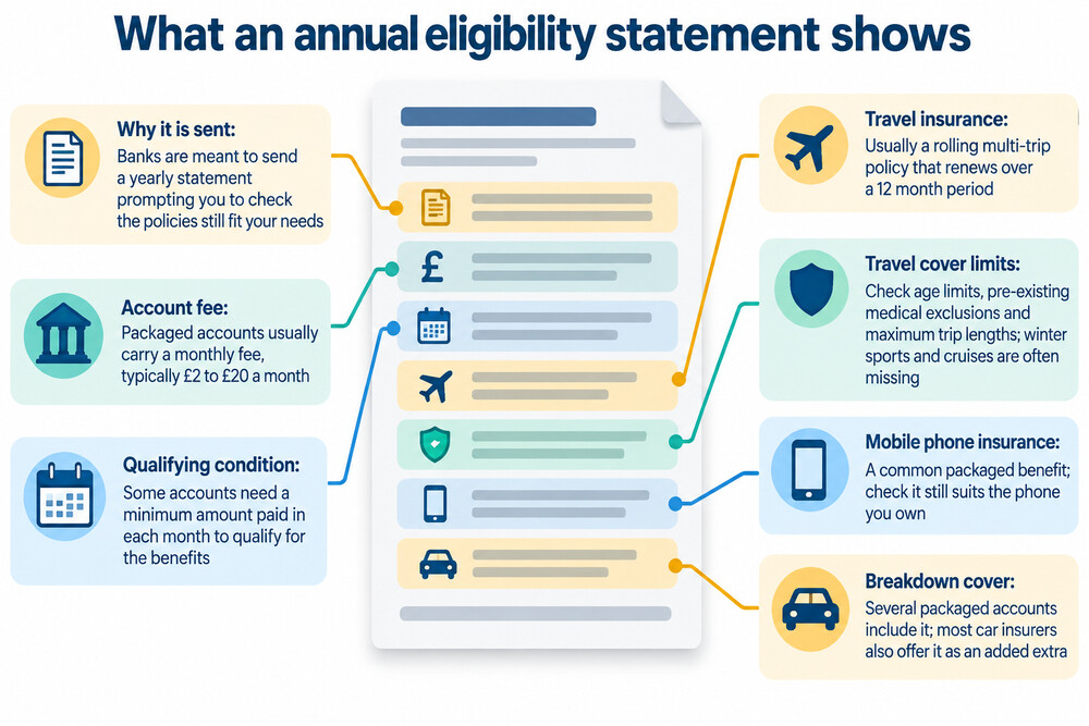 A bank letter styled as an annual eligibility statement listing the insurance benefits in a packaged account