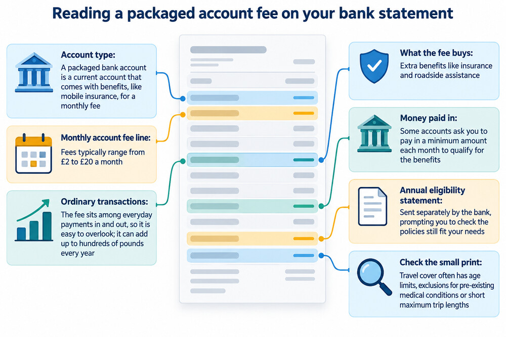 A monthly bank statement showing a packaged account fee line item alongside regular spending