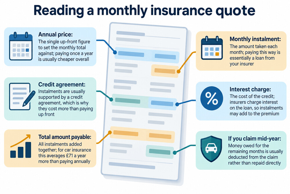 An insurance quote showing the annual price, the monthly instalments, and the interest or charges added for paying monthly