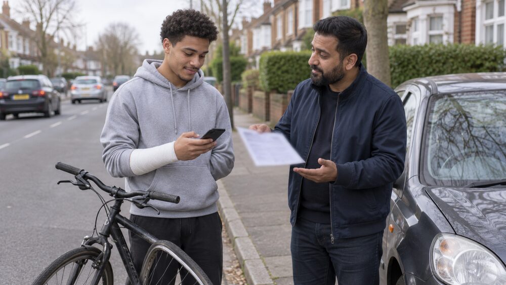 Two men exchange details beside a bicycle and a parked car on a residential street.